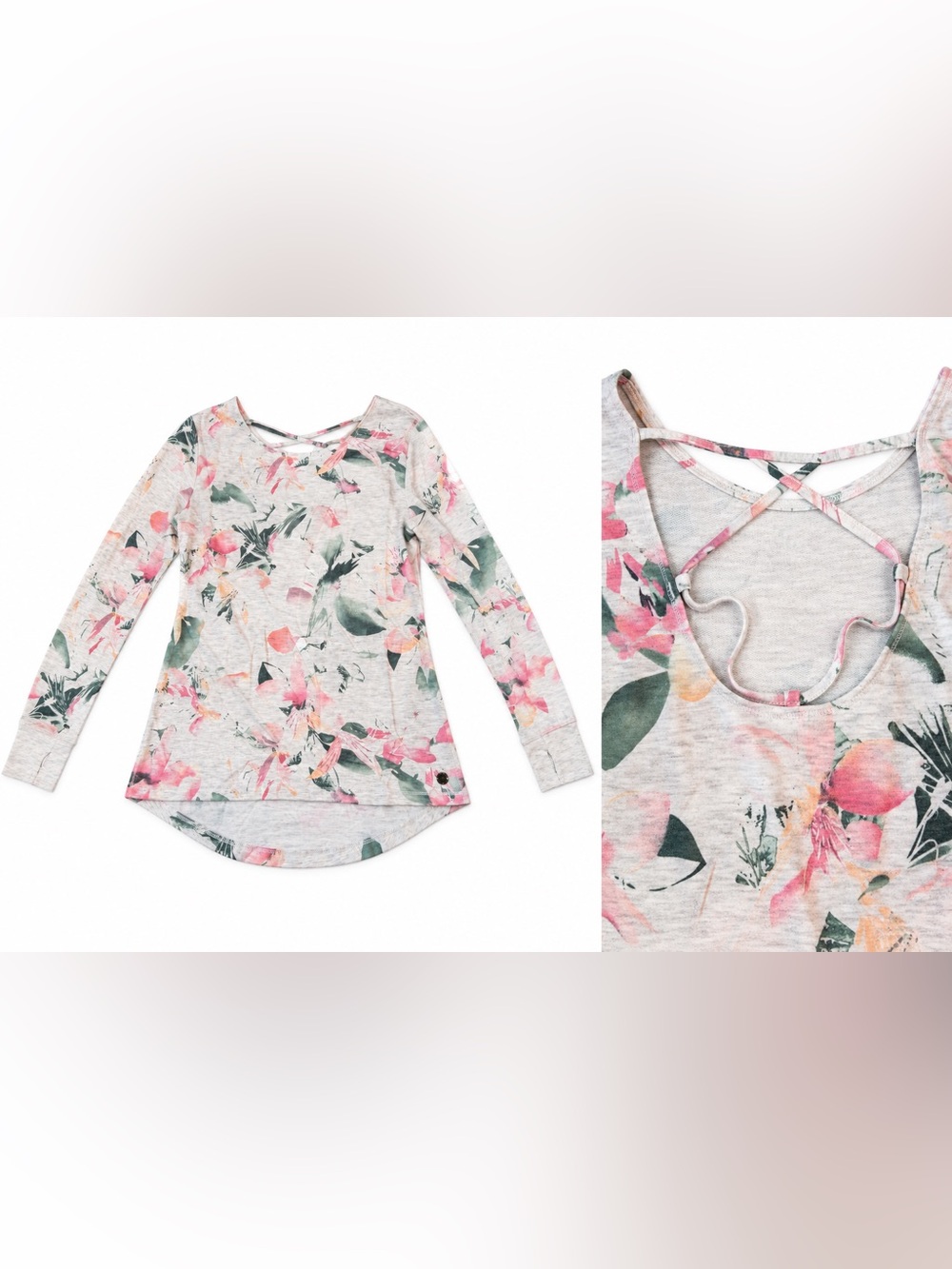 Ideology XS Floral Long Sleeve Criss Cross Open Back High Low Top NWOT